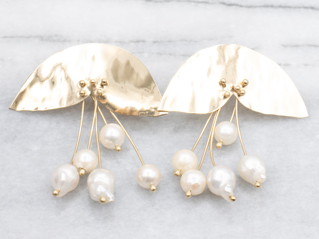 Designer Mahri Handmade Hammered Gold and Freshwater Pearl Statement Earrings