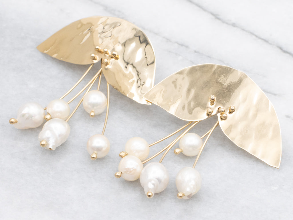Designer Mahri Handmade Hammered Gold and Freshwater Pearl Statement Earrings