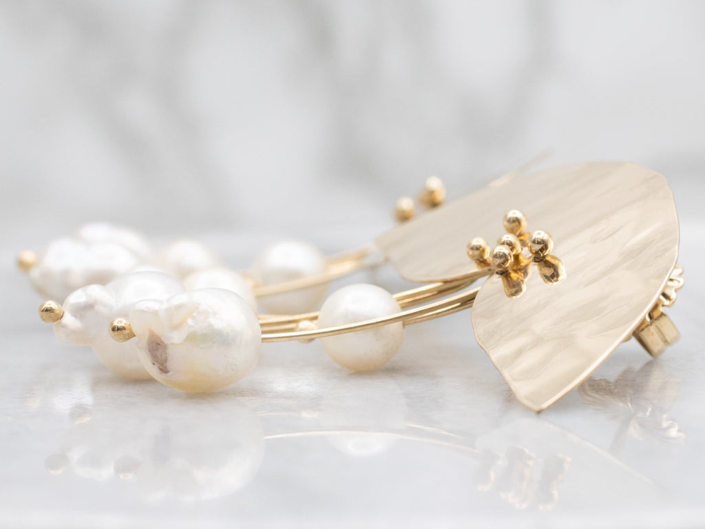 Designer Mahri Handmade Hammered Gold and Freshwater Pearl Statement Earrings