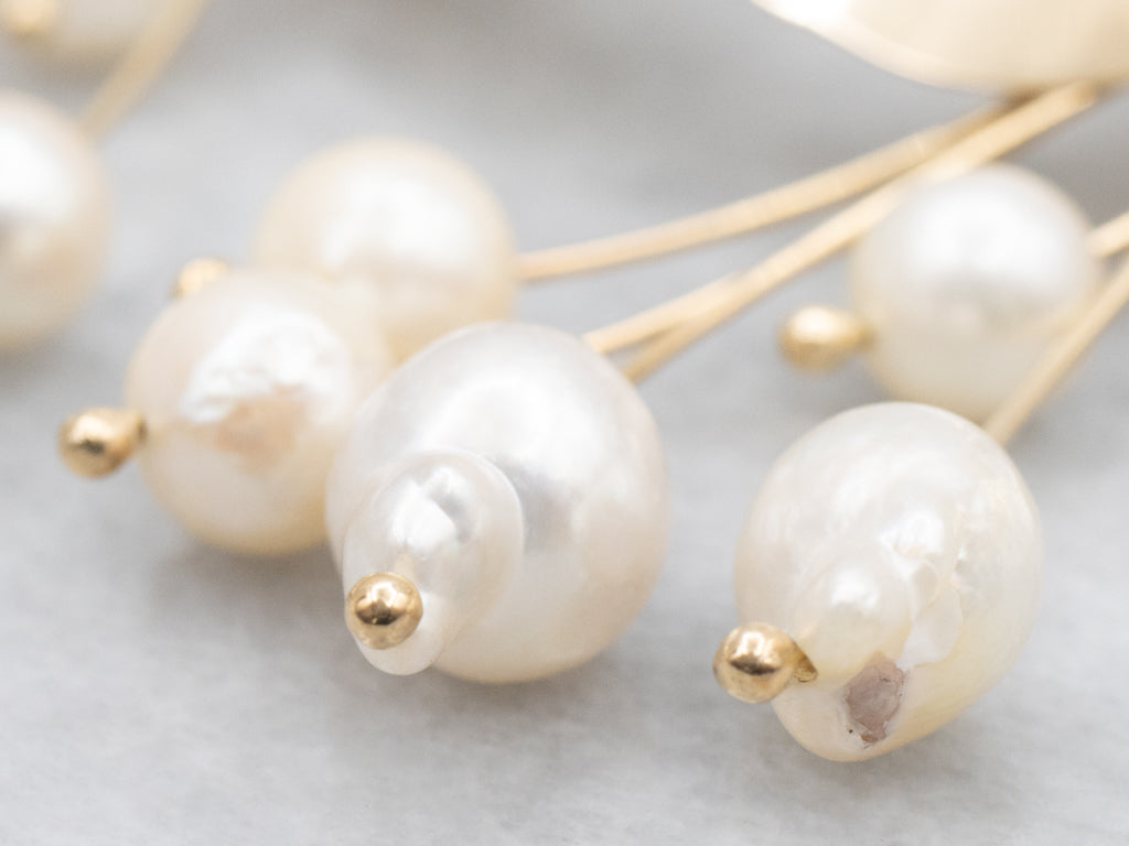 Designer Mahri Handmade Hammered Gold and Freshwater Pearl Statement Earrings