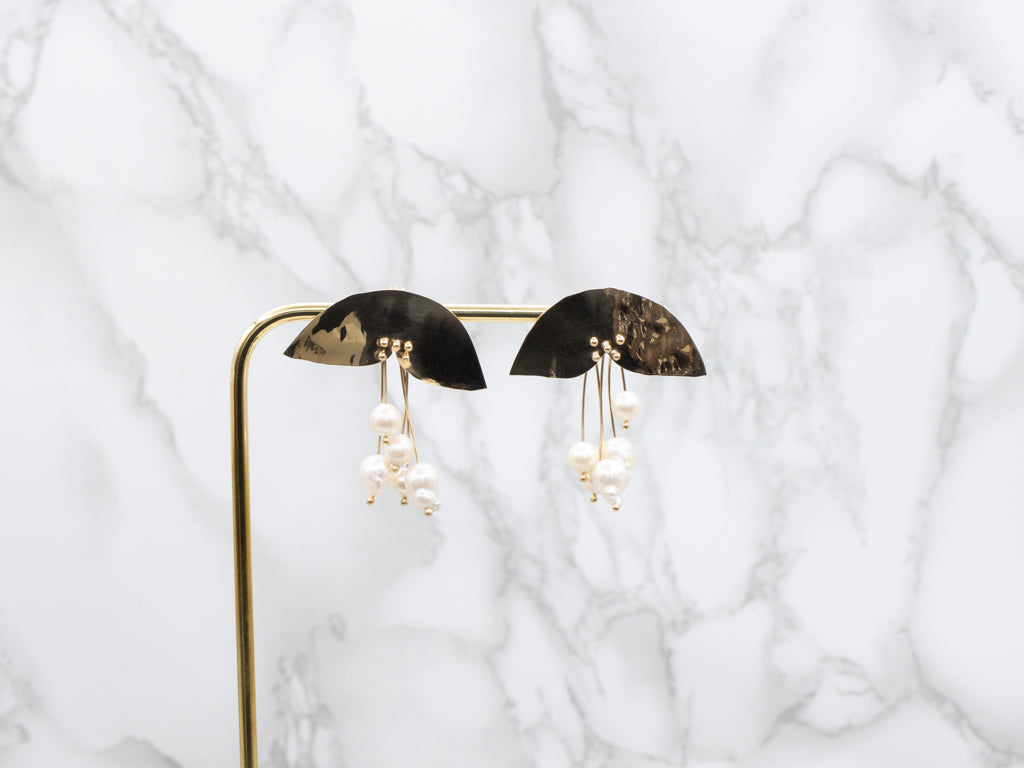 Designer Mahri Handmade Hammered Gold and Freshwater Pearl Statement Earrings