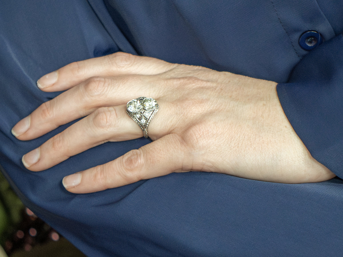 Antique Lambert Two Stone Old European Cut Diamond Ring in Platinum
