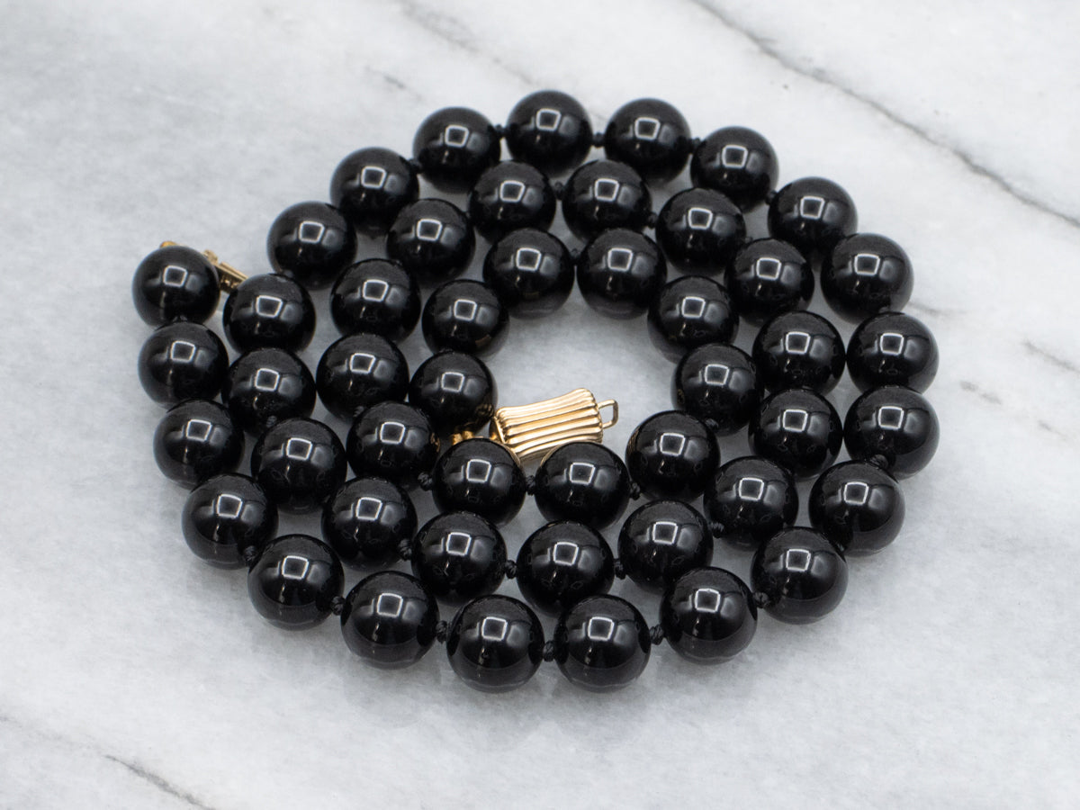 Vintage Black Onyx Beaded Necklace with Gold Clasp