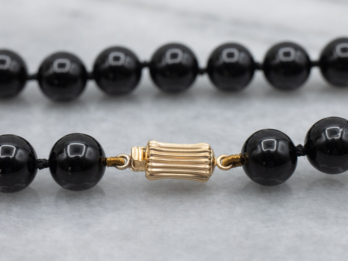Vintage Black Onyx Beaded Necklace with Gold Clasp