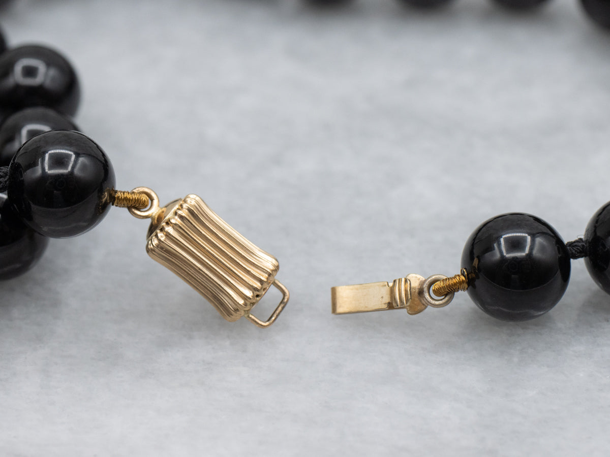 Vintage Black Onyx Beaded Necklace with Gold Clasp