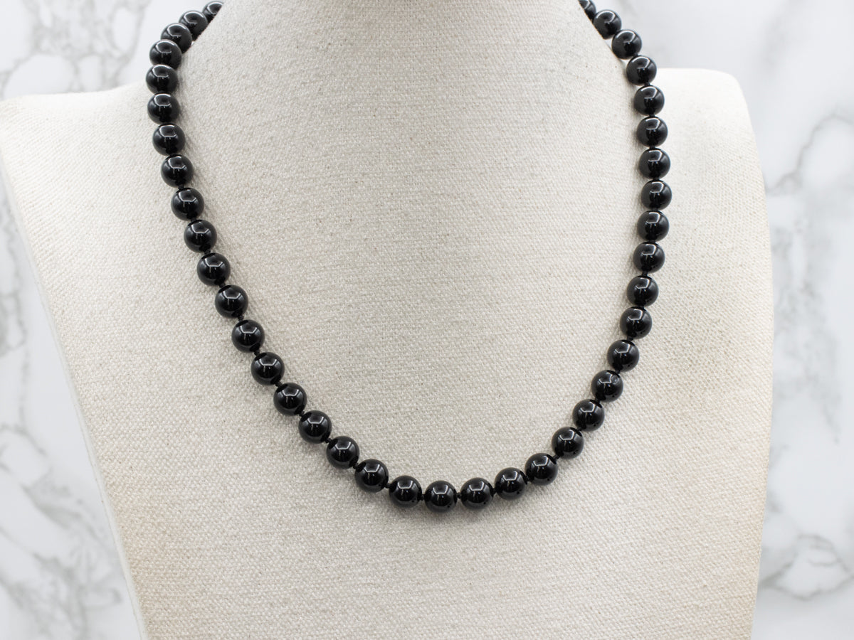 Vintage Black Onyx Beaded Necklace with Gold Clasp