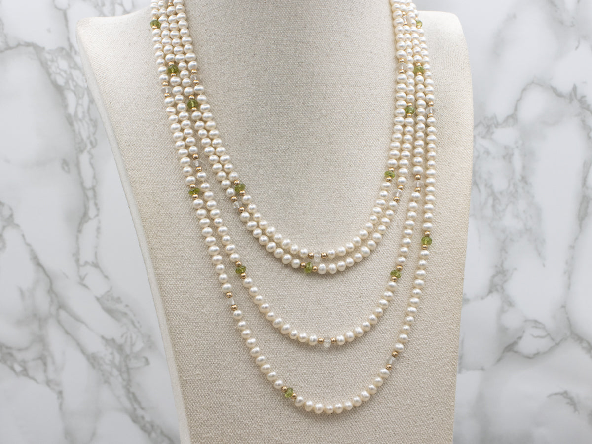 Long Double Strand Freshwater and Peridot Beaded Necklace