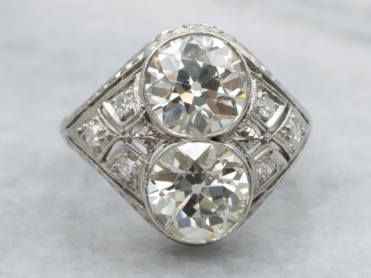 Antique Lambert Two Stone Old European Cut Diamond Ring in Platinum