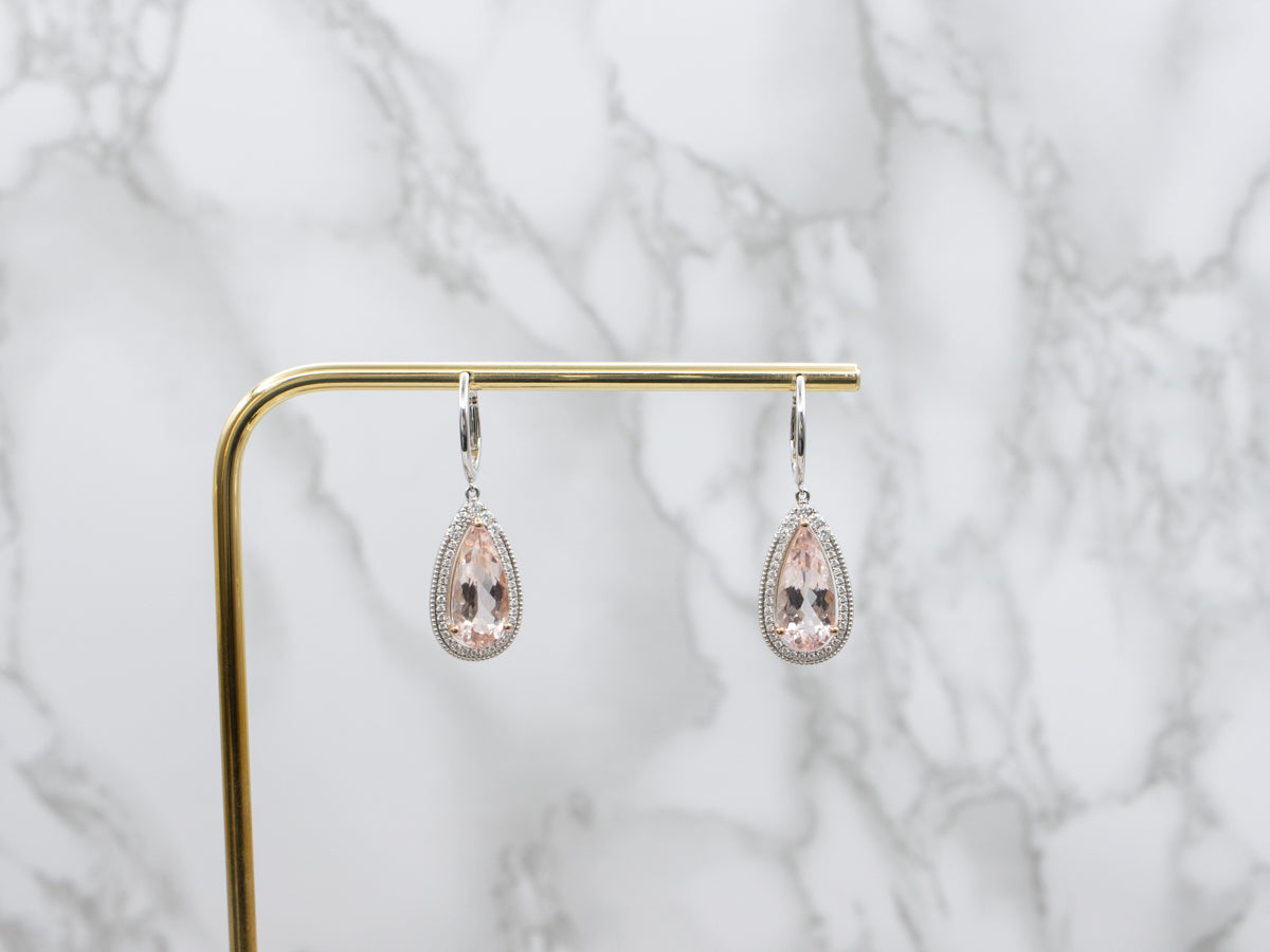Sweet Teardrop Morganite and Diamond Halo Drop Earrings
