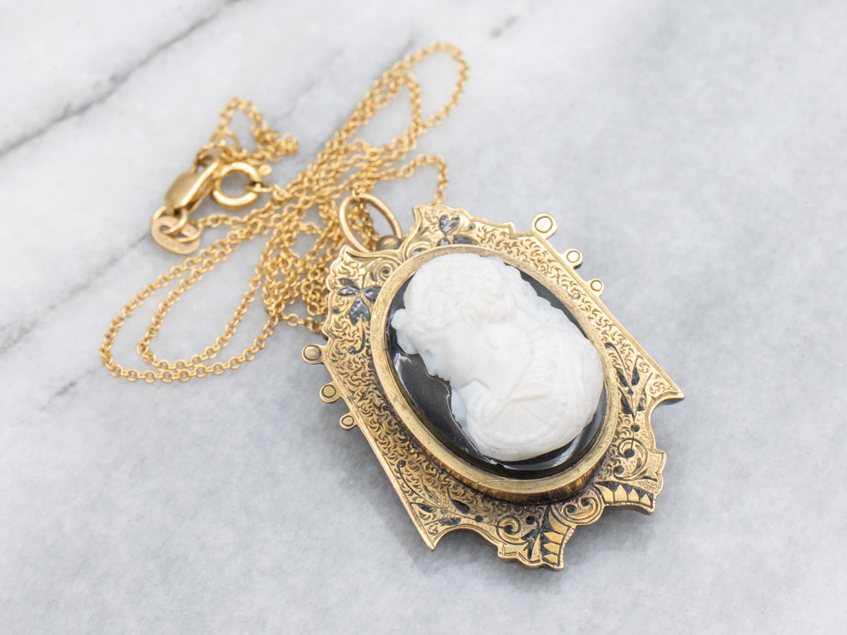 Victorian Era Hardstone Cameo Locket and Earring Jewelry Set