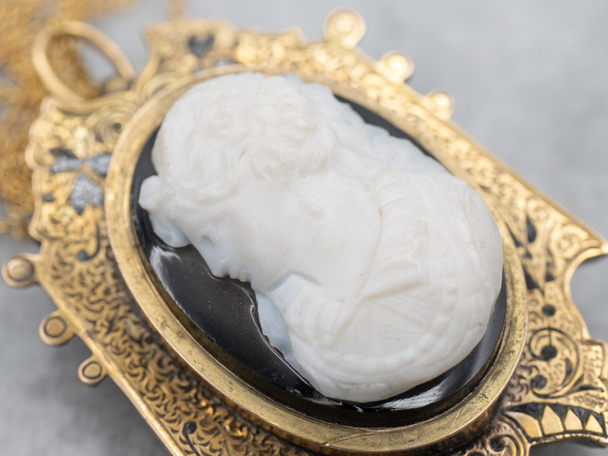 Victorian Era Hardstone Cameo Locket and Earring Jewelry Set