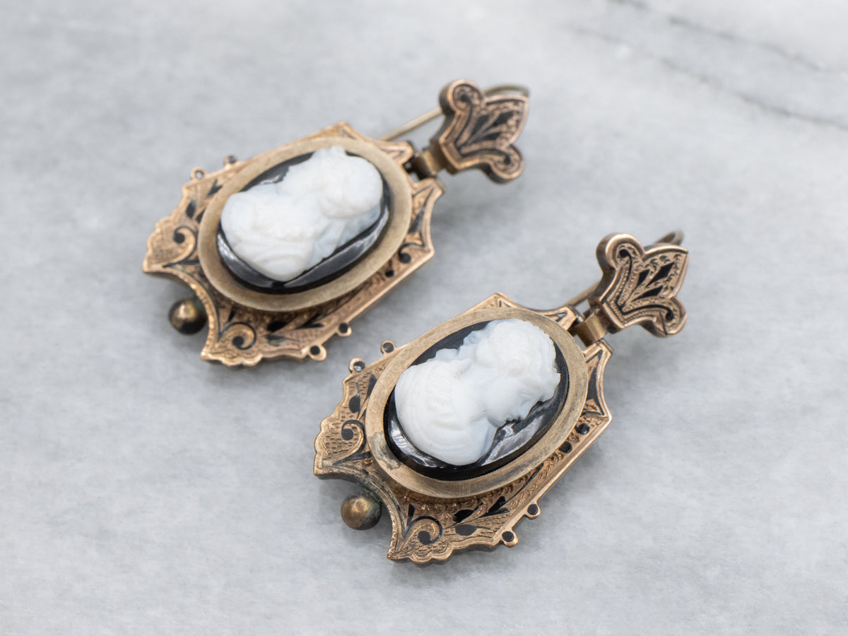 Victorian Era Hardstone Cameo Locket and Earring Jewelry Set