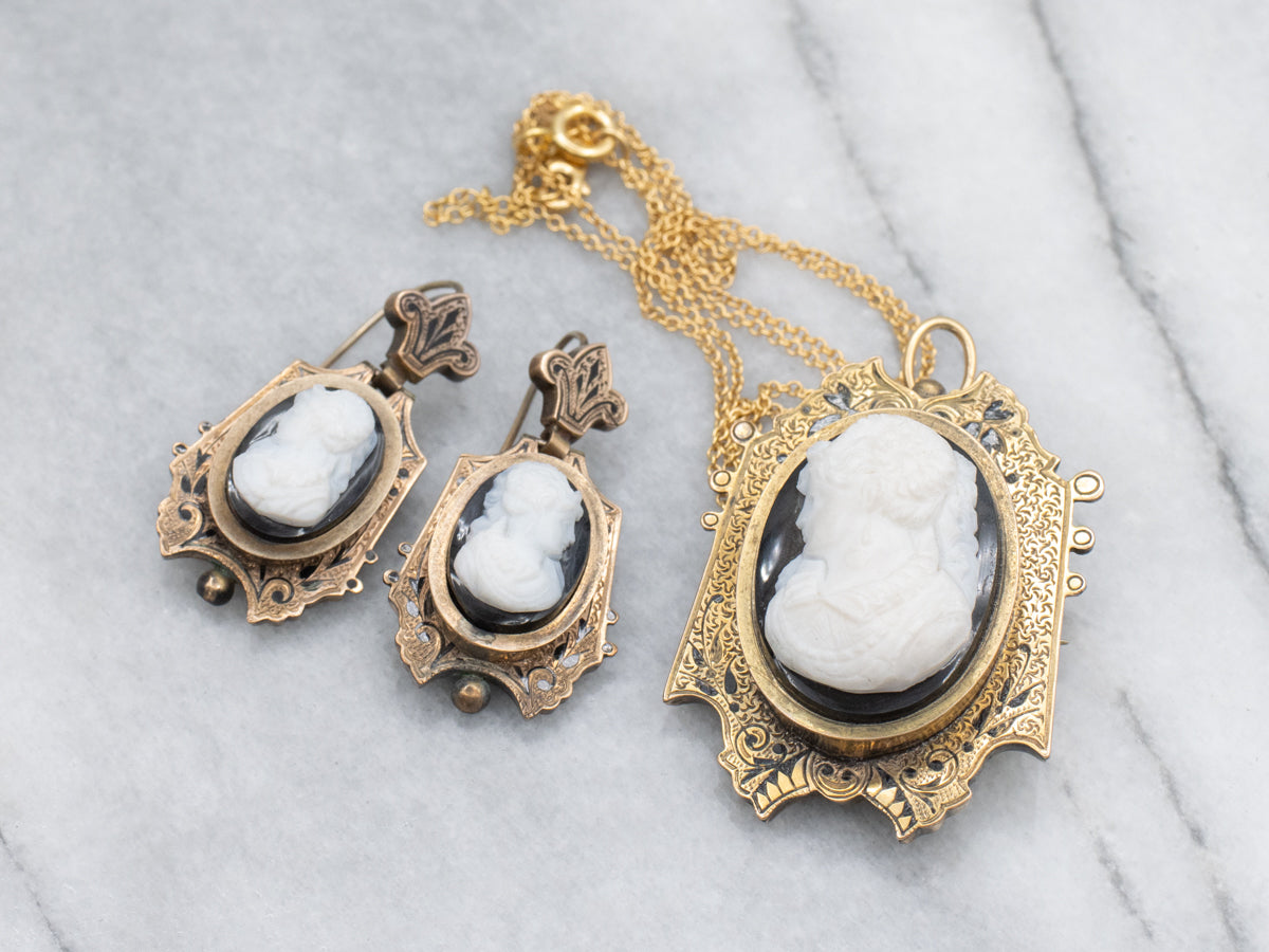 Victorian Era Hardstone Cameo Locket and Earring Jewelry Set