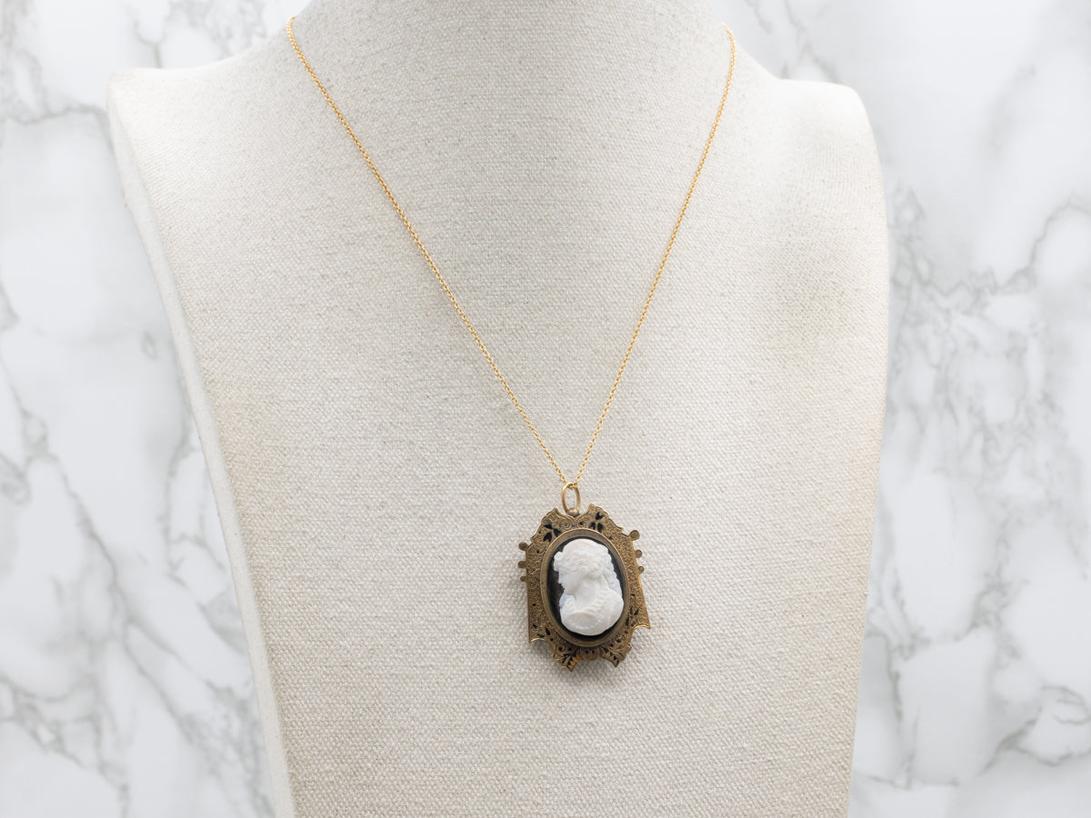 Victorian Era Hardstone Cameo Locket and Earring Jewelry Set