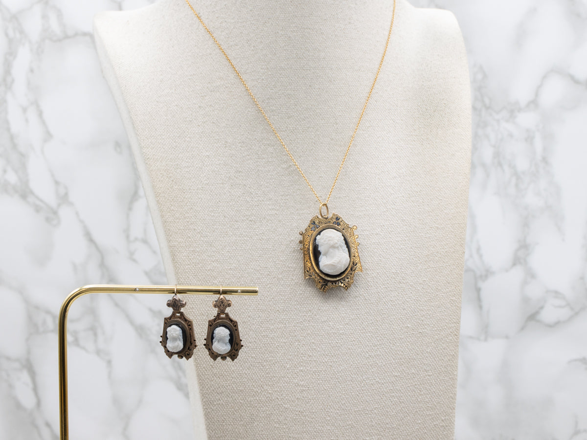 Victorian Era Hardstone Cameo Locket and Earring Jewelry Set