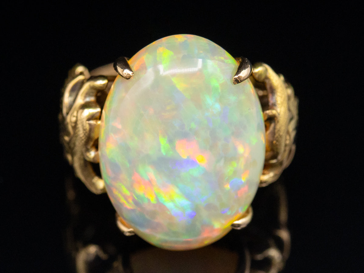 Vintage Gold Opal Ring with Dragon Details