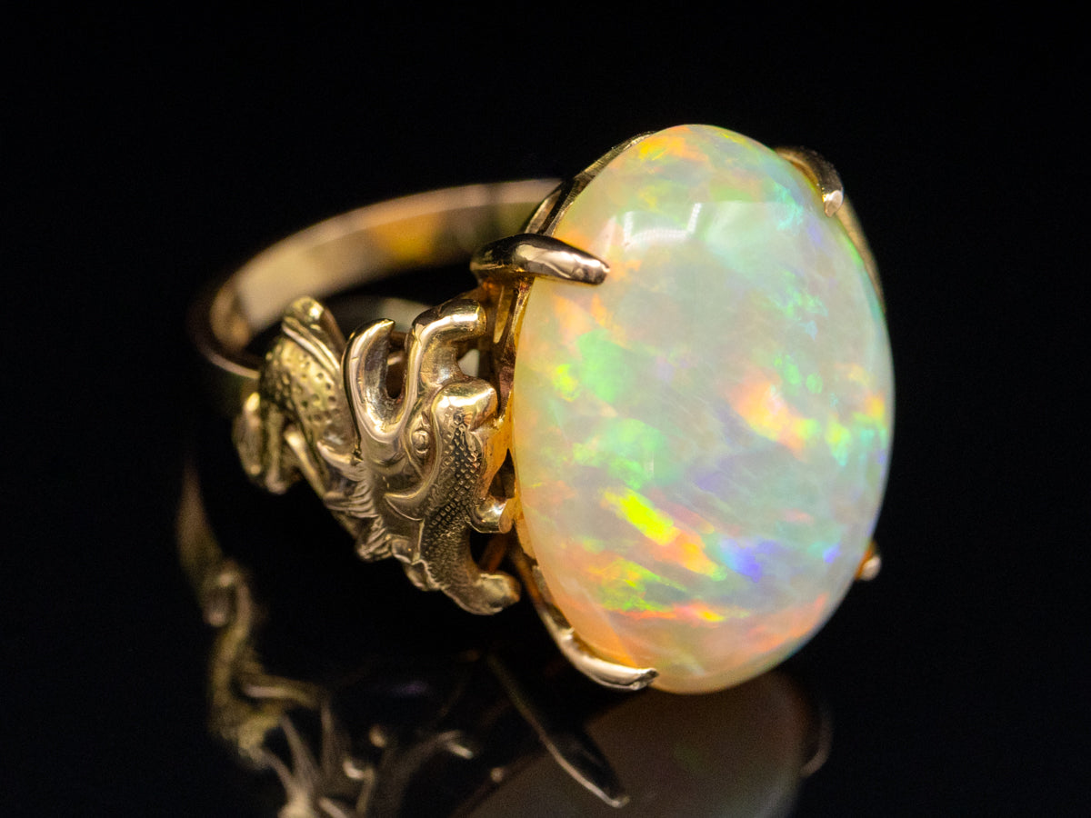 Vintage Gold Opal Ring with Dragon Details