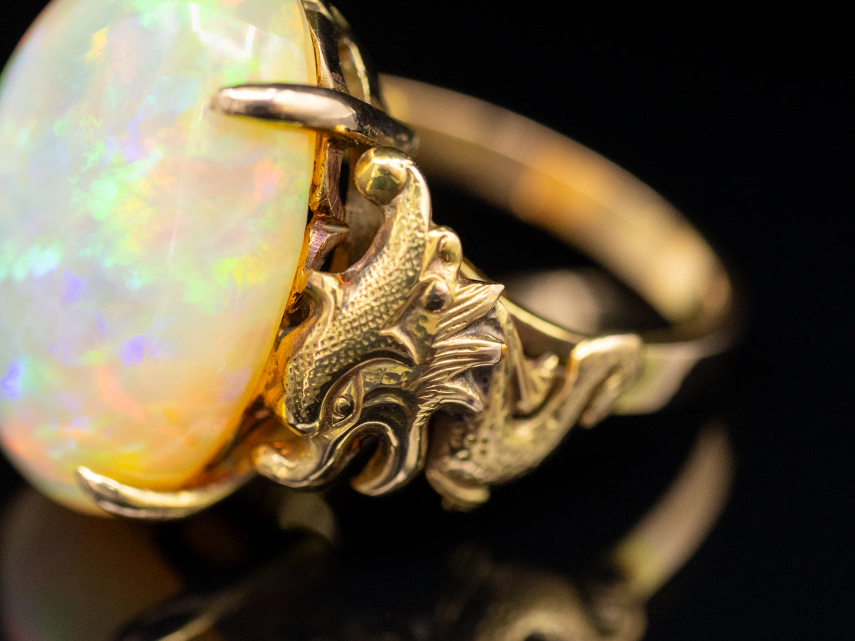 Vintage Gold Opal Ring with Dragon Details