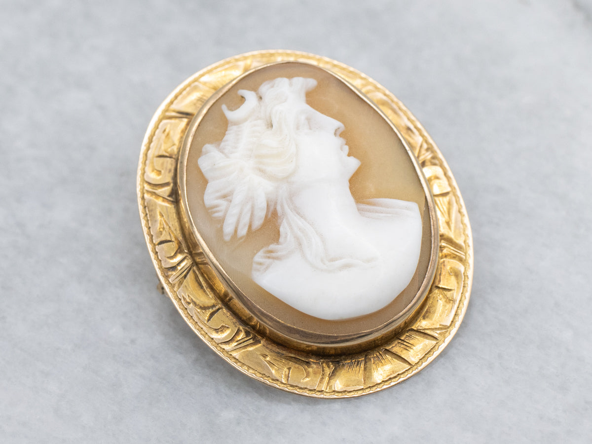 Vintage Gold Goddess Diana Shell Cameo Brooch