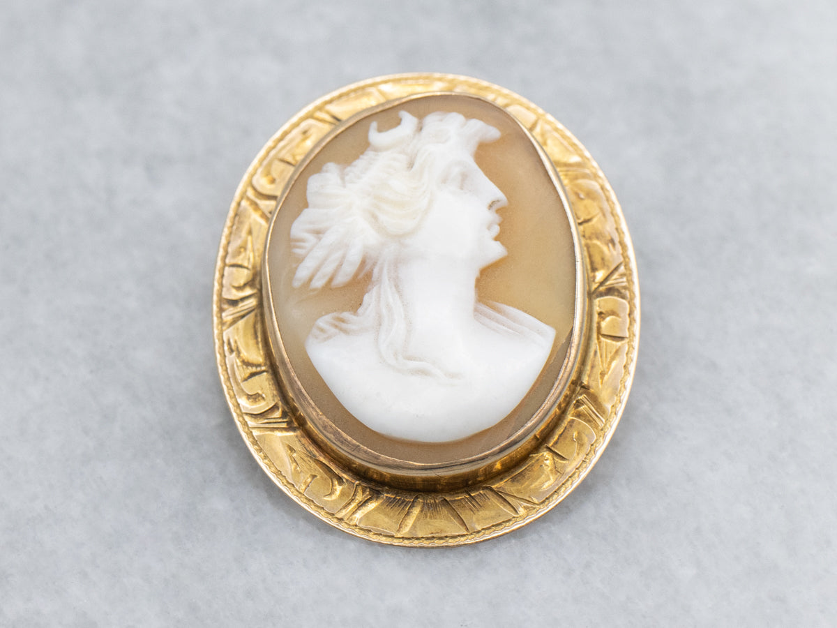 Vintage Gold Goddess Diana Shell Cameo Brooch