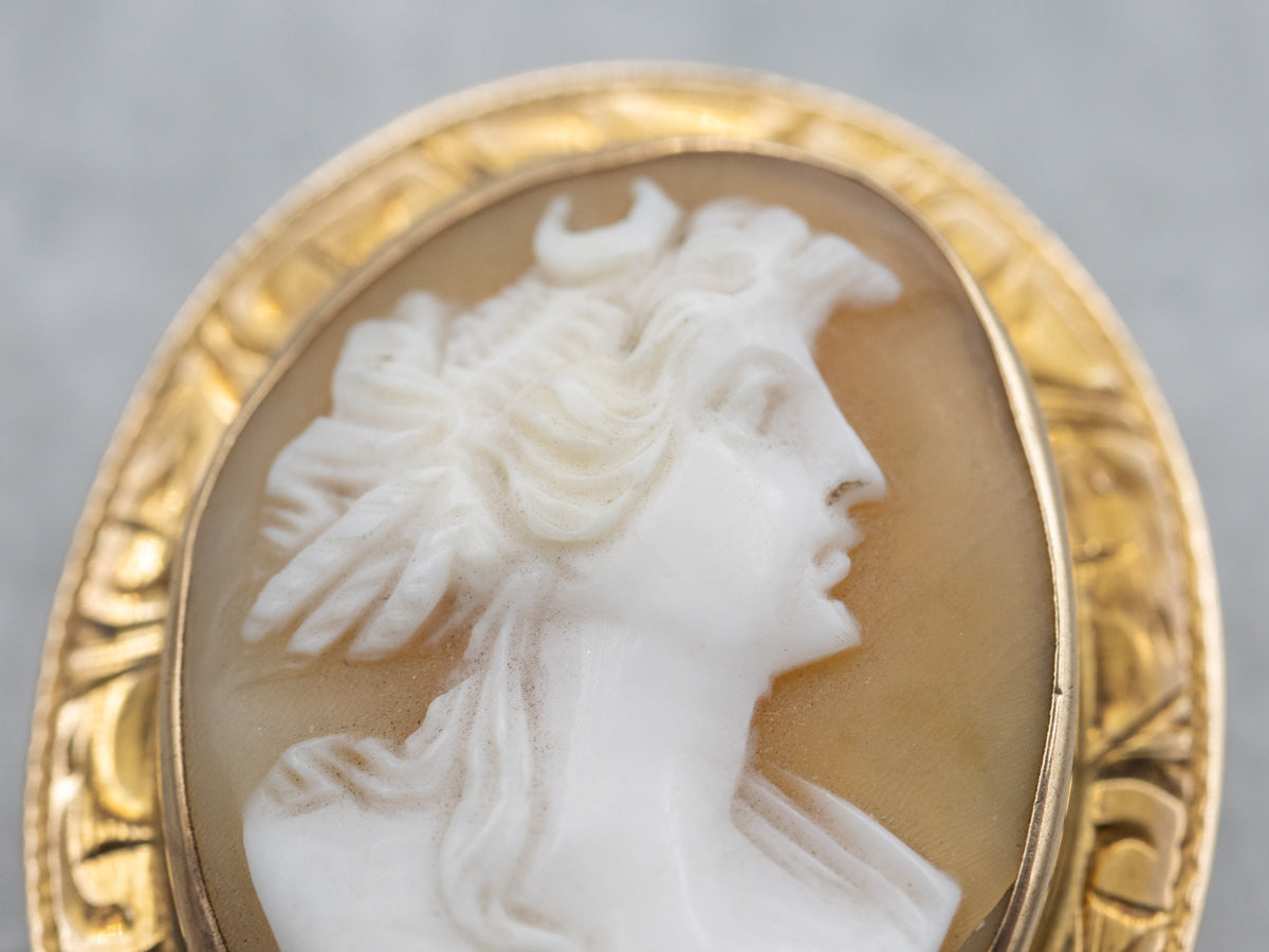 Vintage Gold Goddess Diana Shell Cameo Brooch