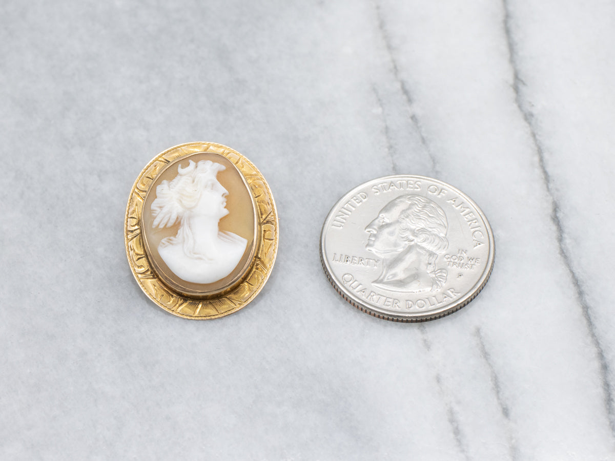 Vintage Gold Goddess Diana Shell Cameo Brooch
