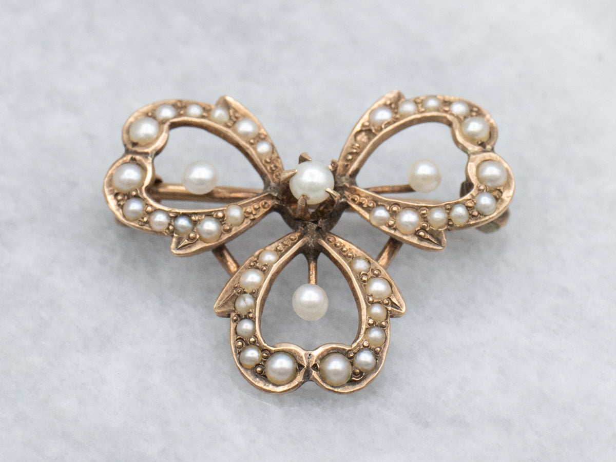 Antique Rose Gold and Natural Pearl Clover Pin
