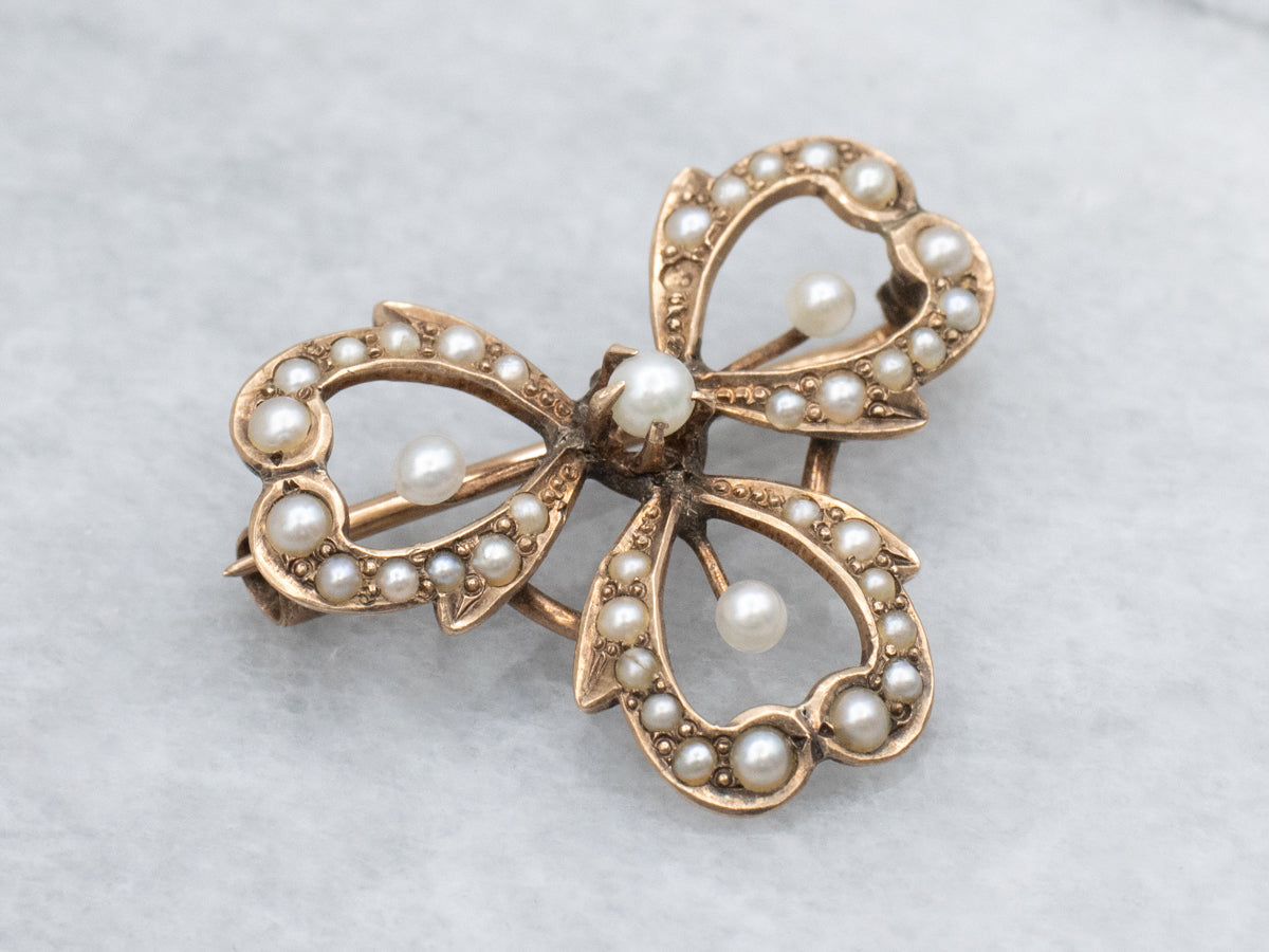 Antique Rose Gold and Natural Pearl Clover Pin