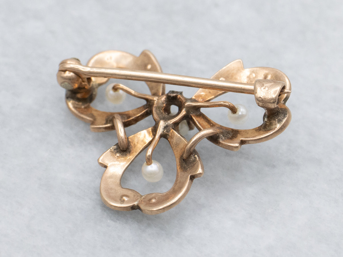 Antique Rose Gold and Natural Pearl Clover Pin