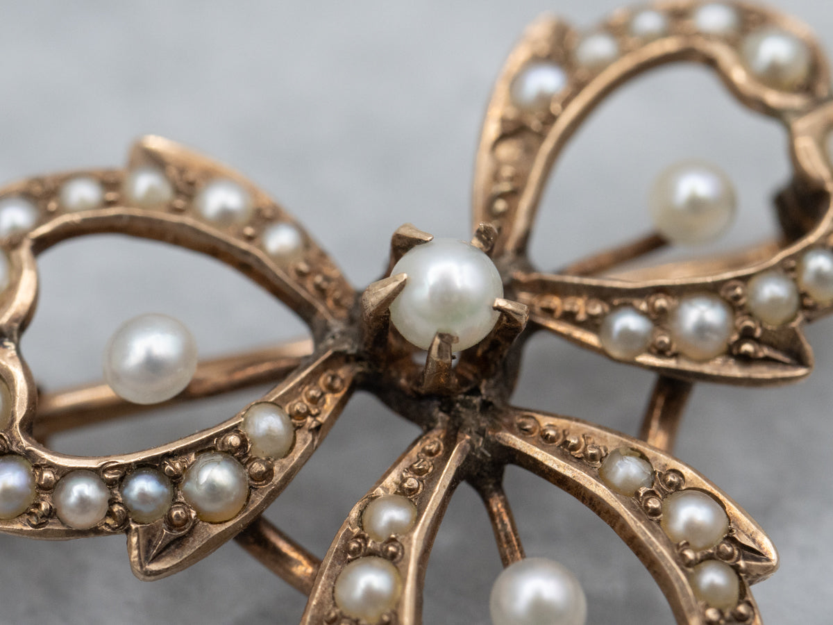 Antique Rose Gold and Natural Pearl Clover Pin