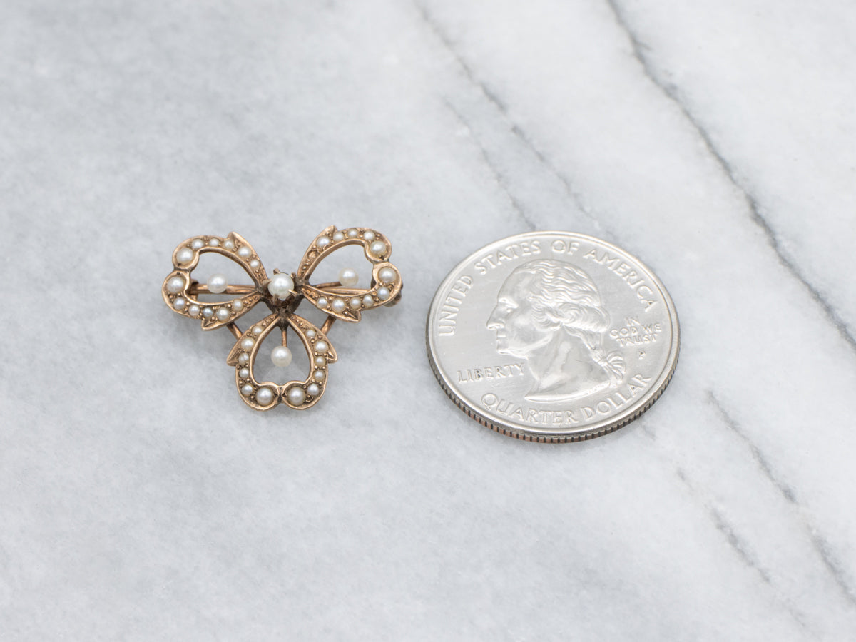 Antique Rose Gold and Natural Pearl Clover Pin