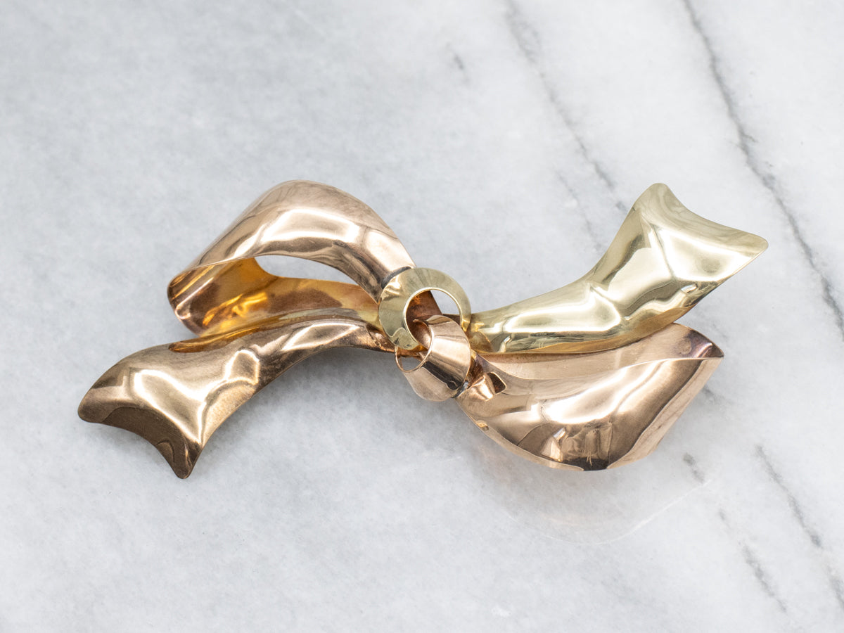 Retro Era Yellow and Rose Gold Ribbon Brooch