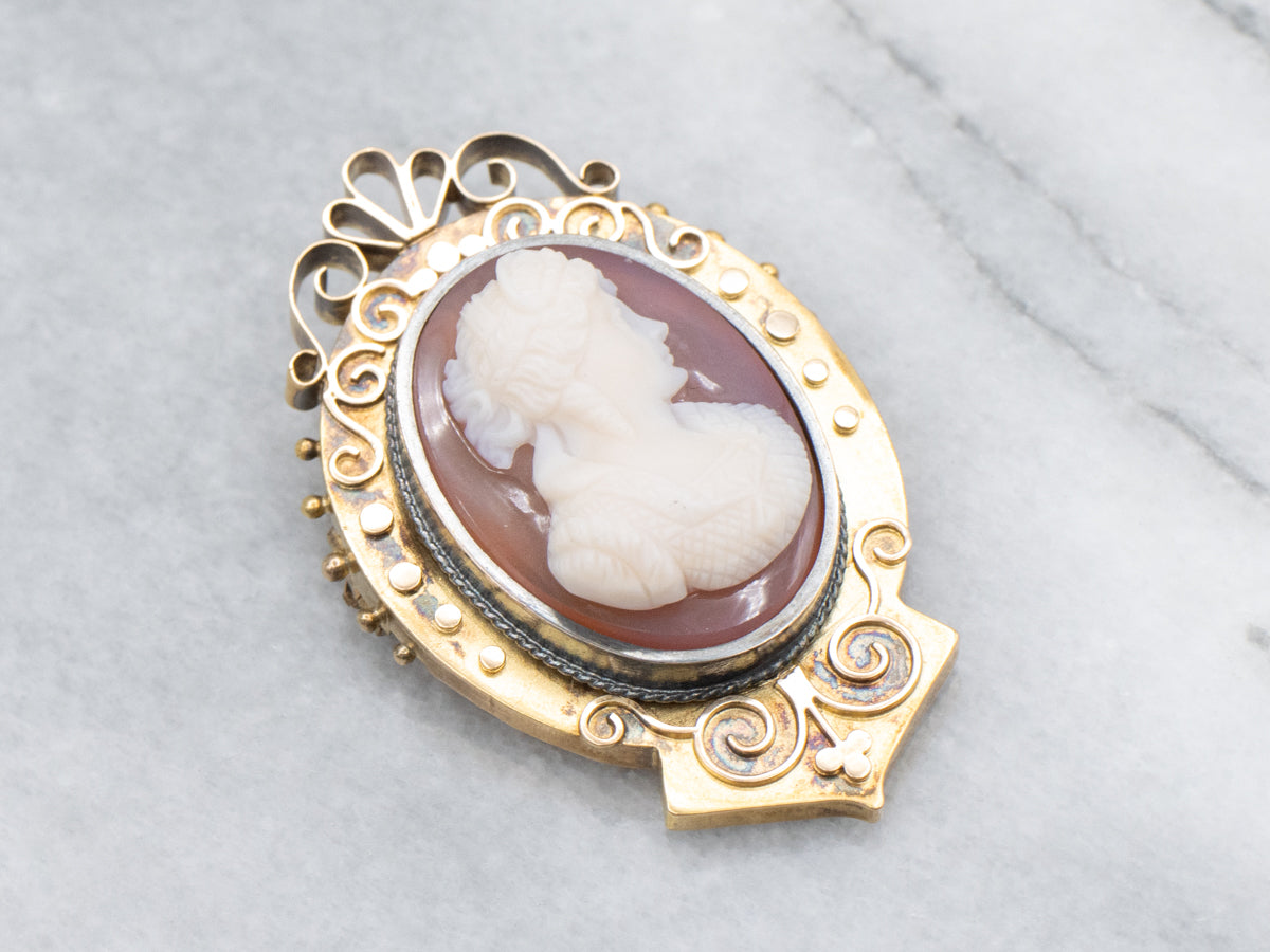 Victorian Era Carnelian Cameo and Gold Brooch