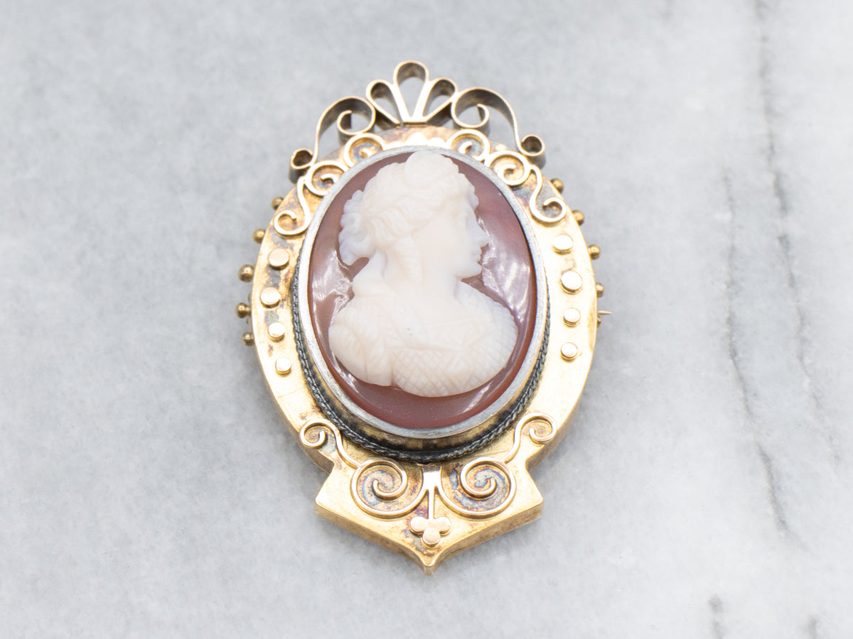 Victorian Era Carnelian Cameo and Gold Brooch