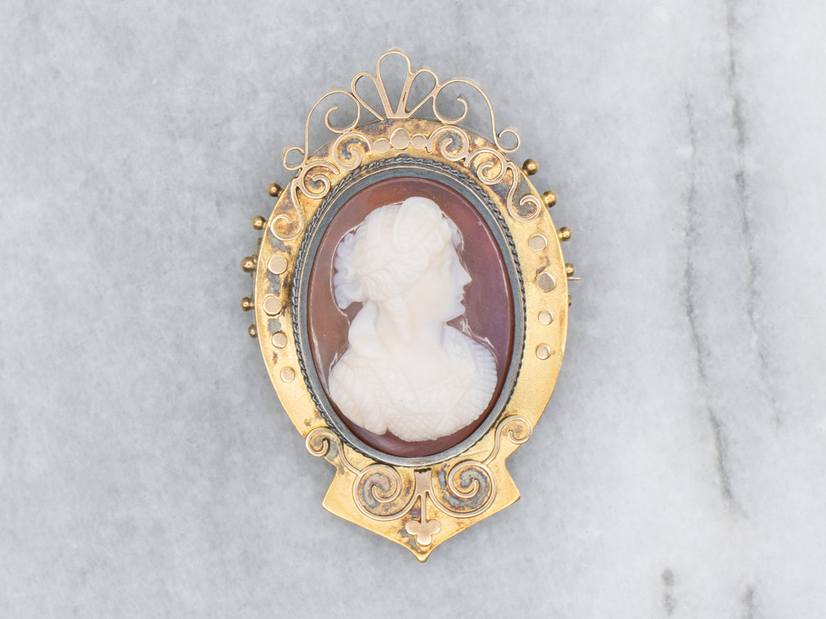 Victorian Era Carnelian Cameo and Gold Brooch