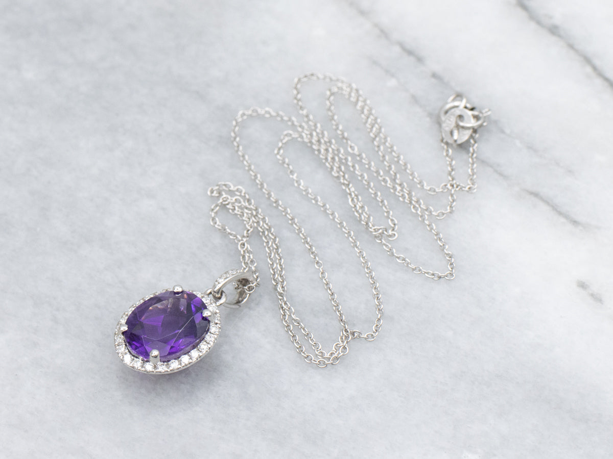 Modern Amethyst and Diamond Halo Pendant Necklace