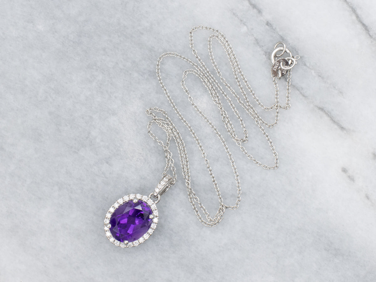 Modern Amethyst and Diamond Halo Pendant Necklace