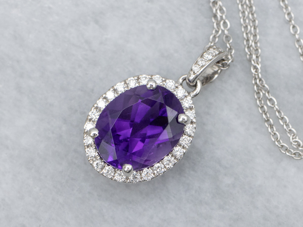 Modern Amethyst and Diamond Halo Pendant Necklace
