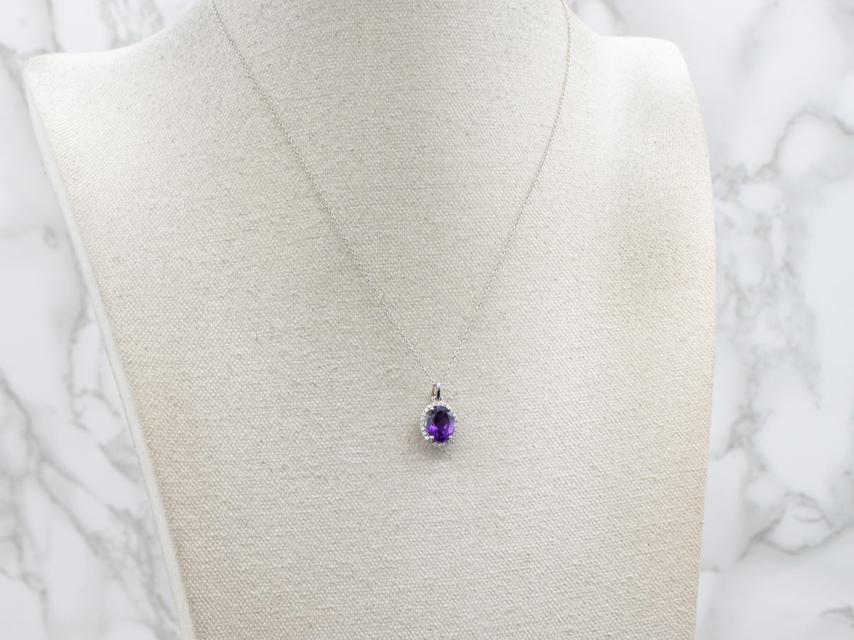 Modern Amethyst and Diamond Halo Pendant Necklace