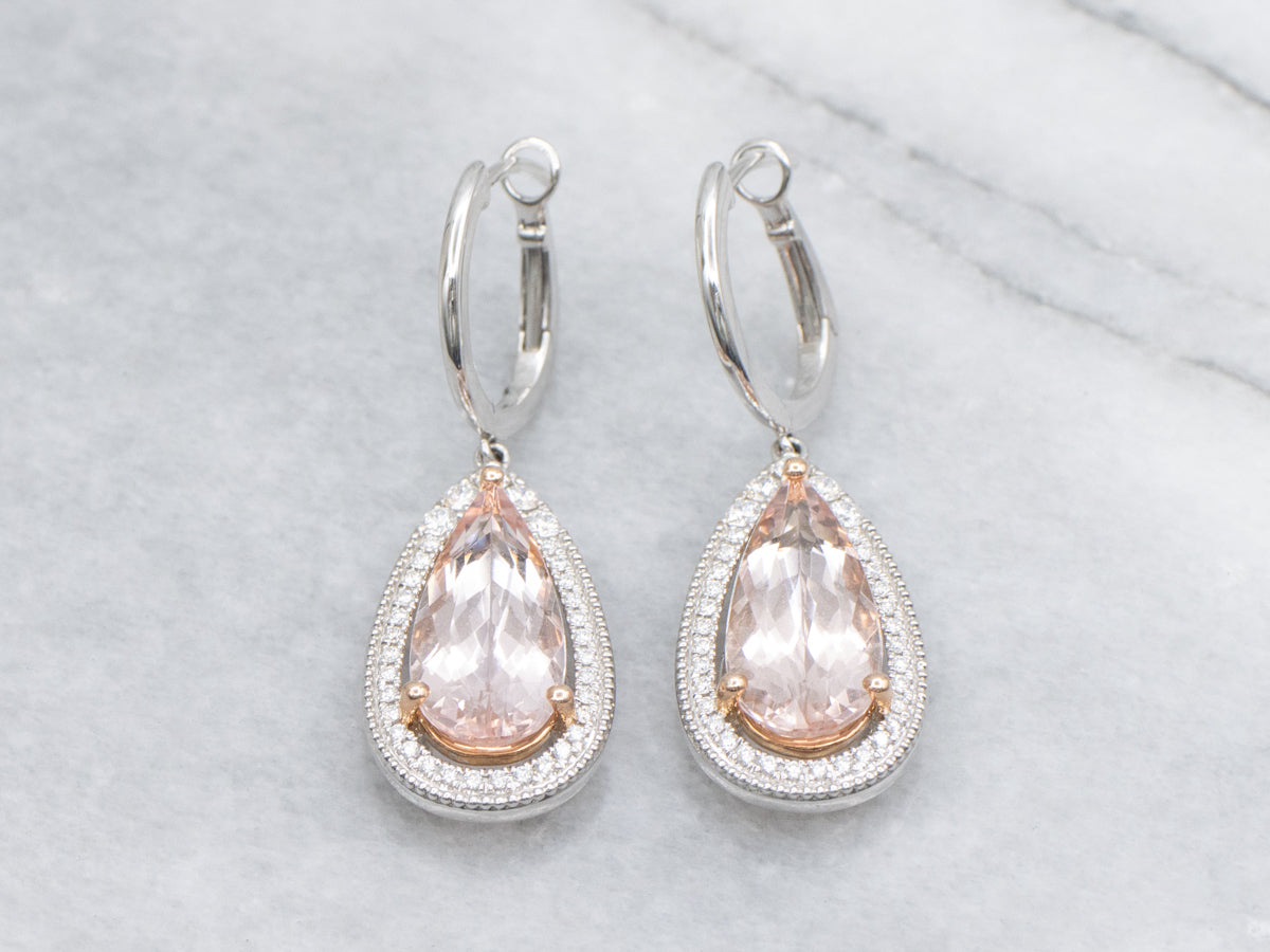 Sweet Teardrop Morganite and Diamond Halo Drop Earrings