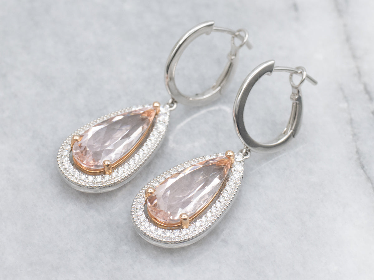 Sweet Teardrop Morganite and Diamond Halo Drop Earrings
