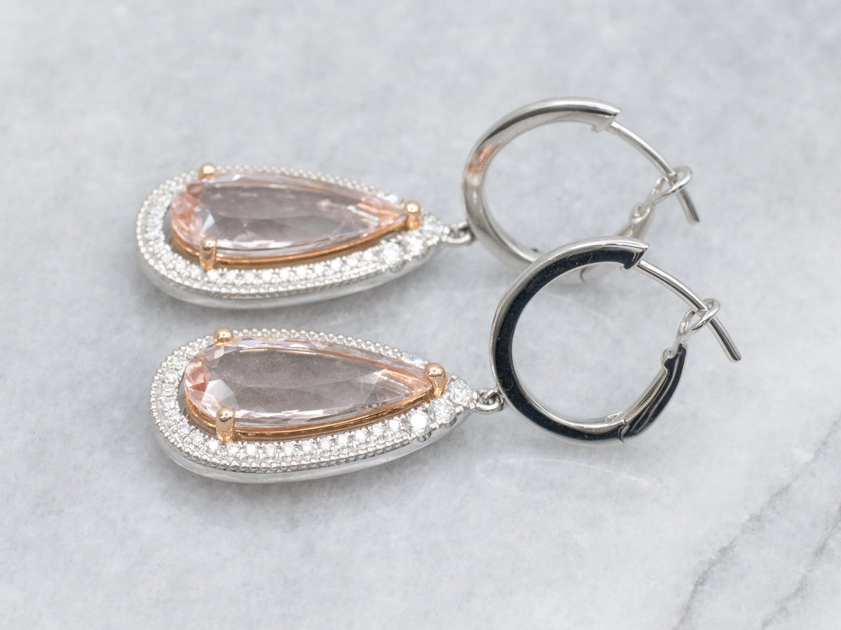 Sweet Teardrop Morganite and Diamond Halo Drop Earrings