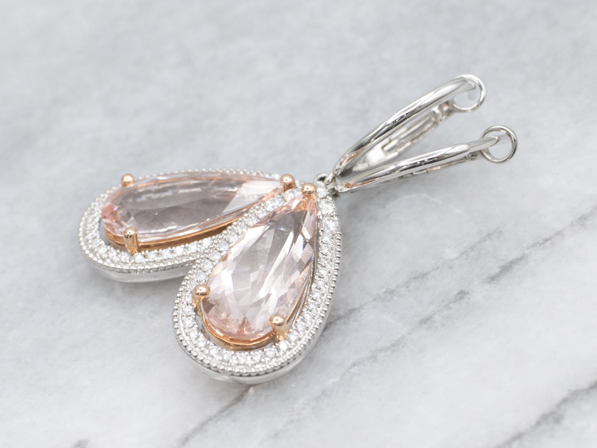 Sweet Teardrop Morganite and Diamond Halo Drop Earrings