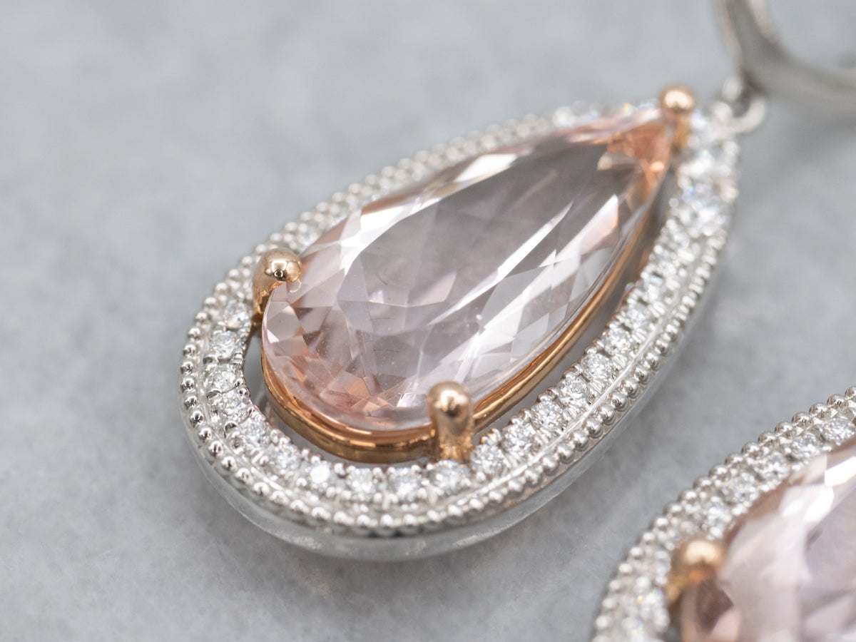 Sweet Teardrop Morganite and Diamond Halo Drop Earrings