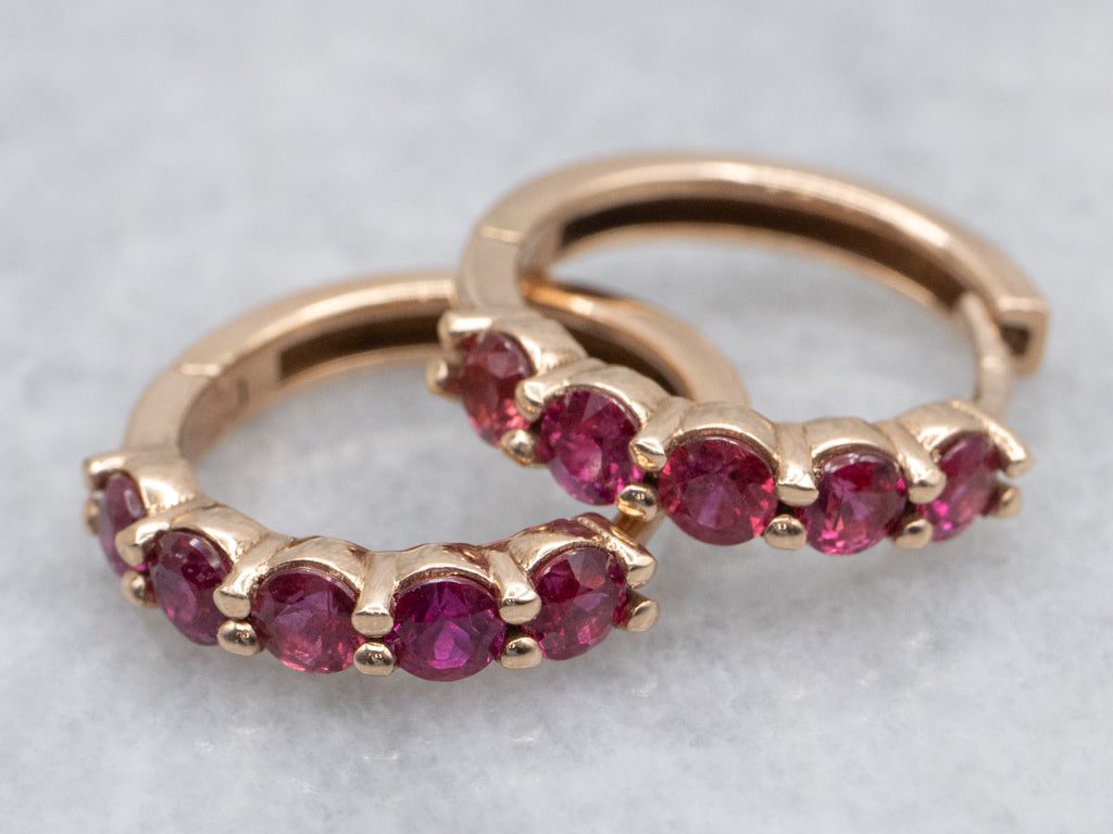 Modern Rose Gold Ruby Huggie Hoop Earrings
