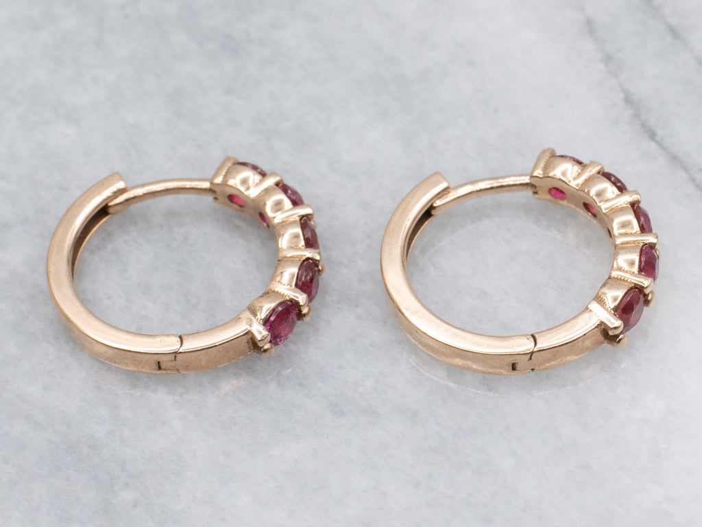 Modern Rose Gold Ruby Huggie Hoop Earrings