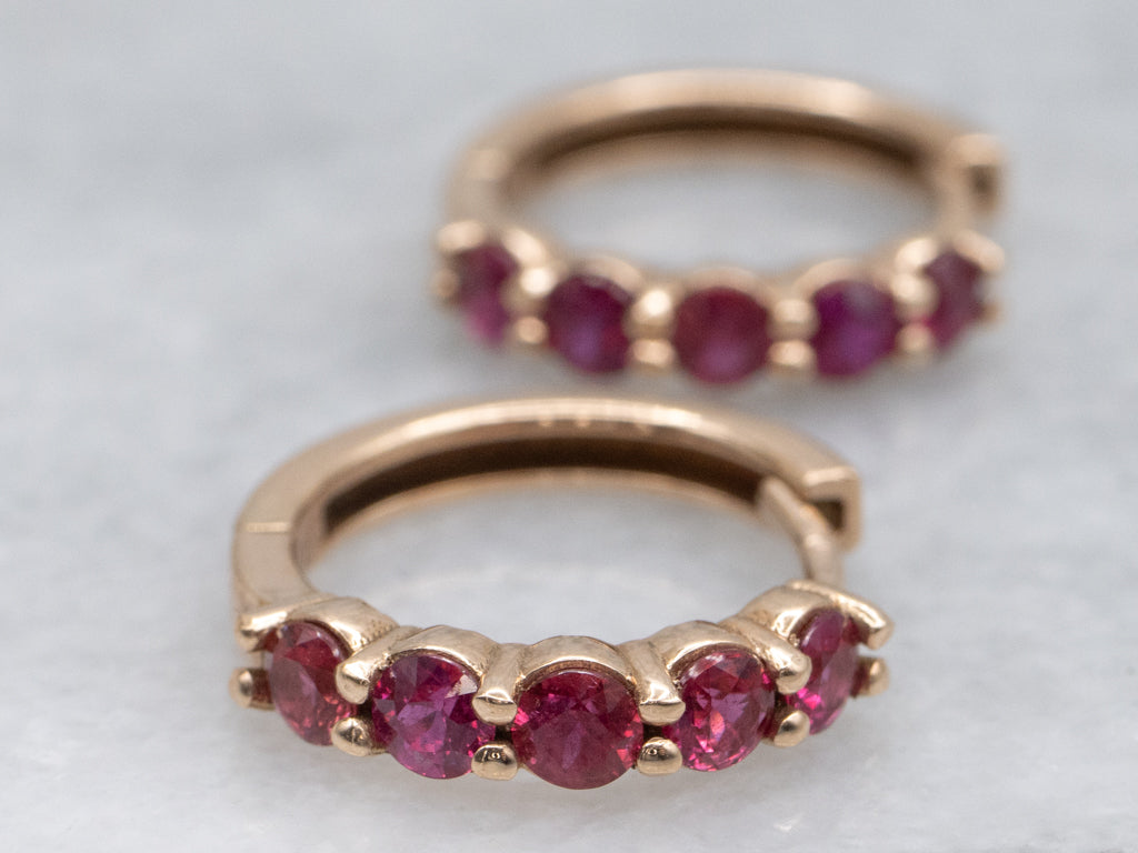 Modern Rose Gold Ruby Huggie Hoop Earrings