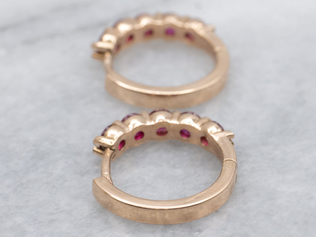 Modern Rose Gold Ruby Huggie Hoop Earrings