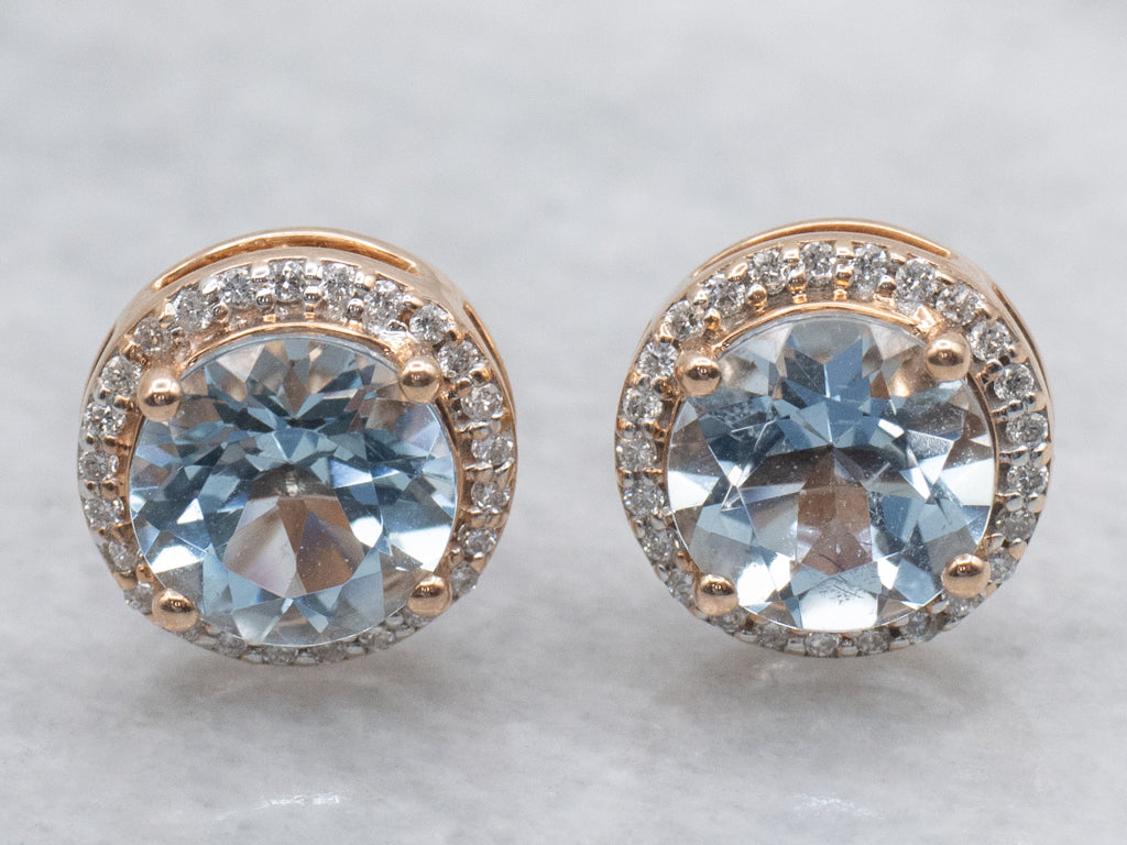 Modern Rose Gold Aquamarine with Diamond Halo Stud Earrings