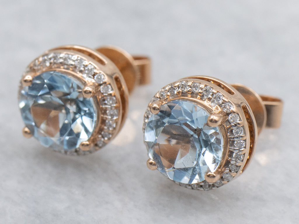 Modern Rose Gold Aquamarine with Diamond Halo Stud Earrings